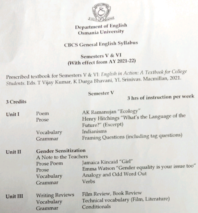 Osmania University Degree 3rd Year 5th Sem English Syllabus